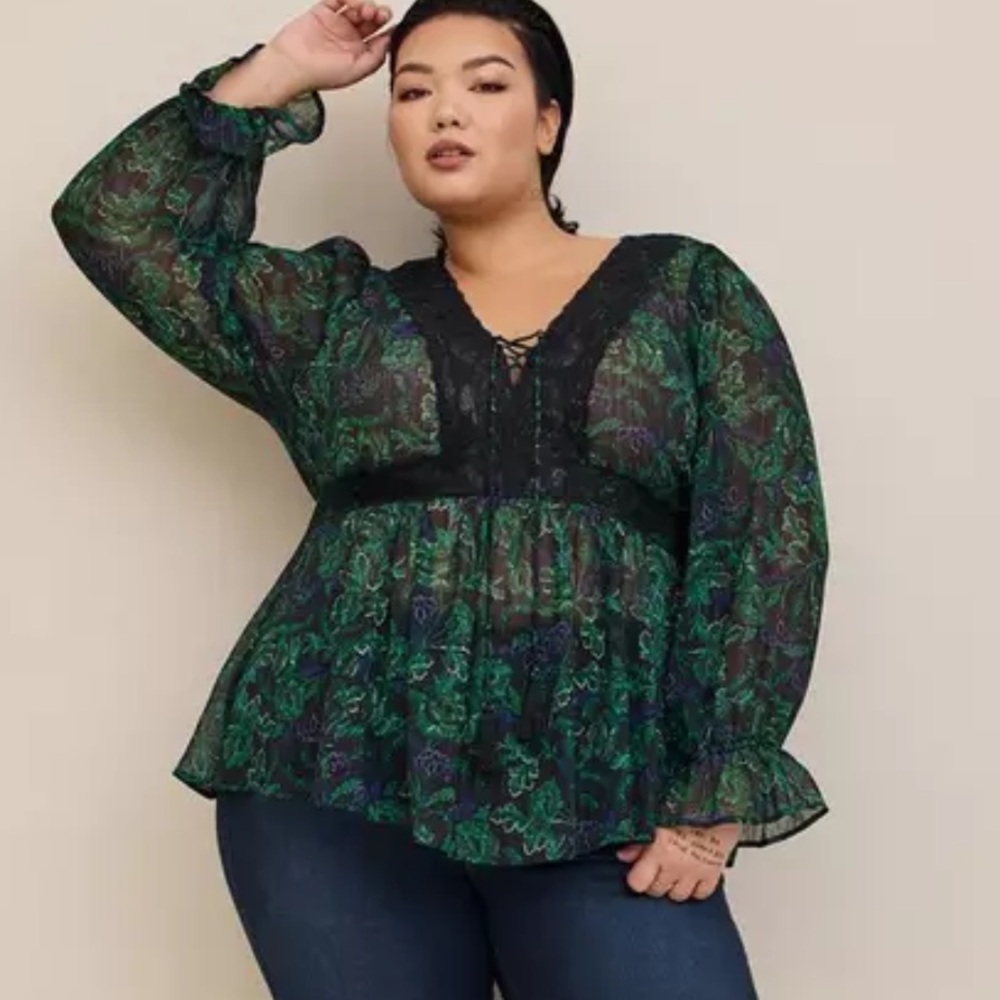Torrid Babydoll Crinkle Lurex Chiffon Crochet Lace-Up Top